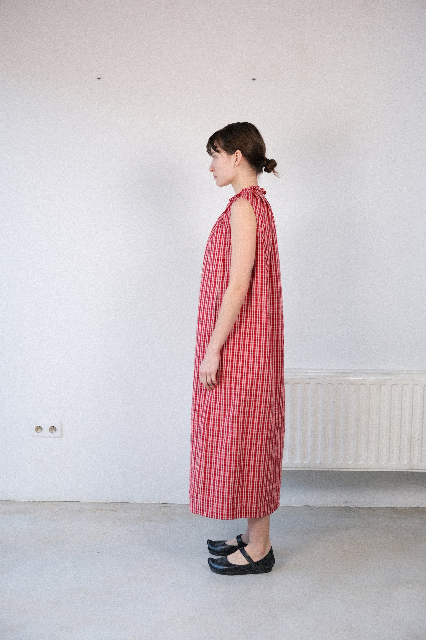smock neck dress, red kelsch cloth