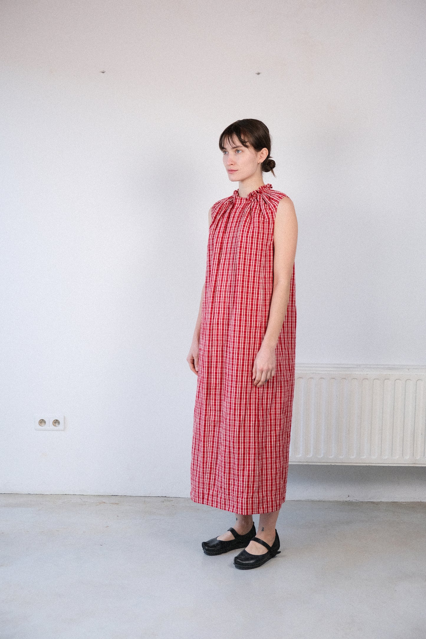 smock neck dress, red kelsch cloth
