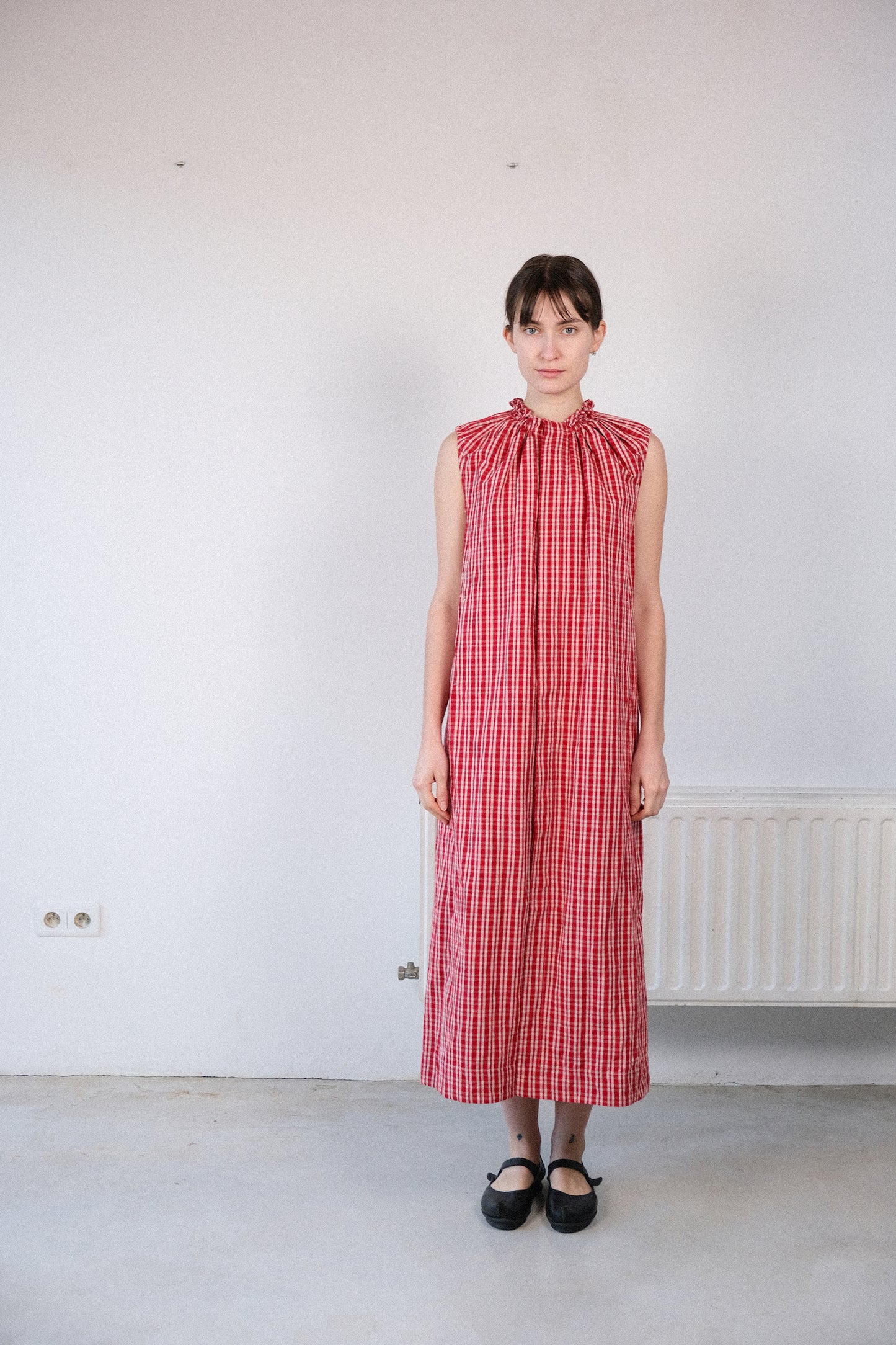 smock neck dress, red kelsch cloth