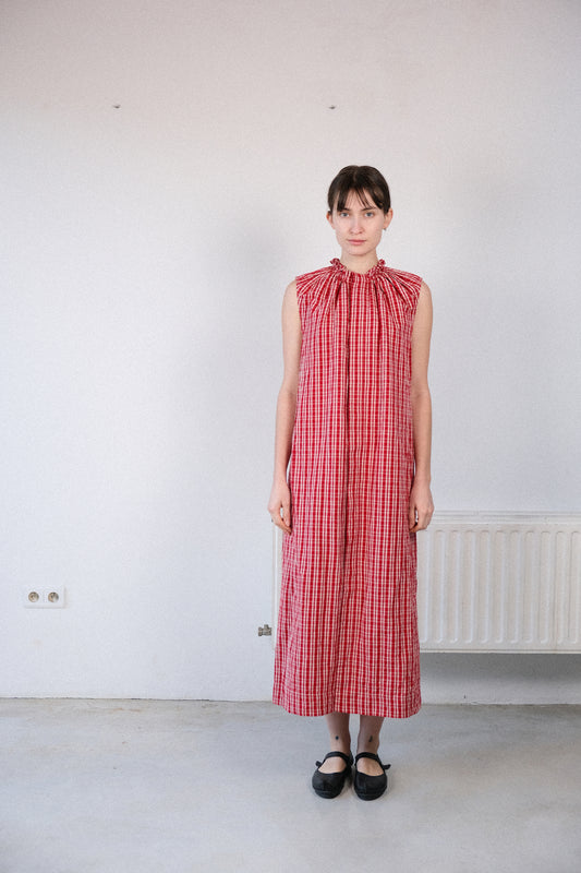 smock neck dress, red kelsch cloth