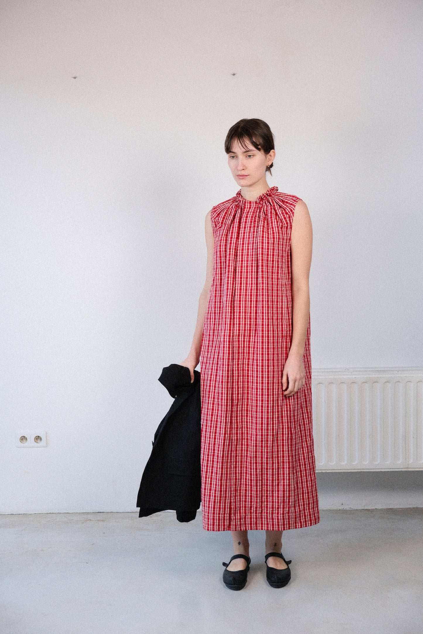 smock neck dress, red kelsch cloth