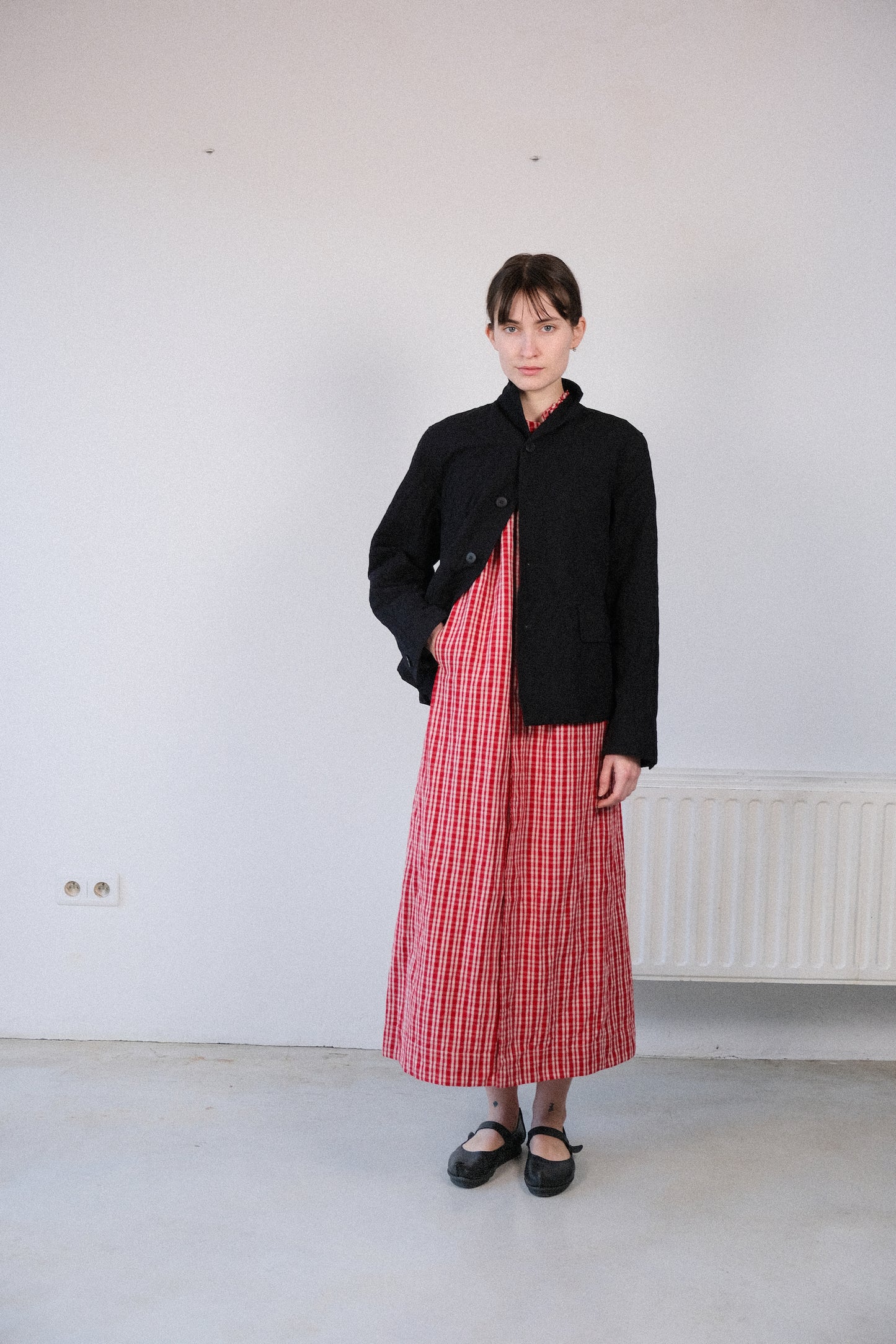 smock neck dress, red kelsch cloth