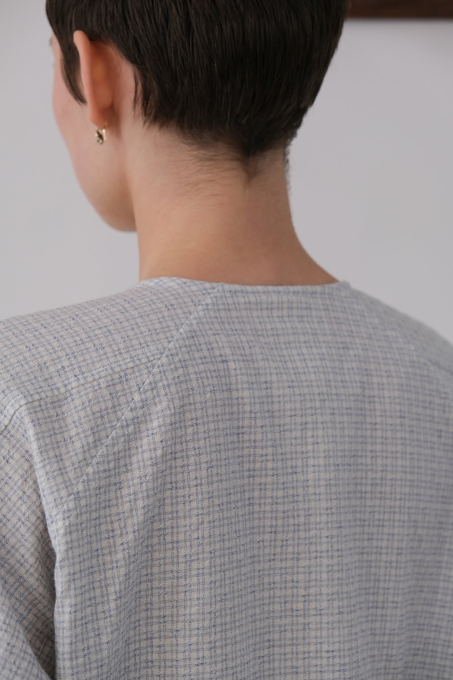 writers shirt, white light blue fine tribal check