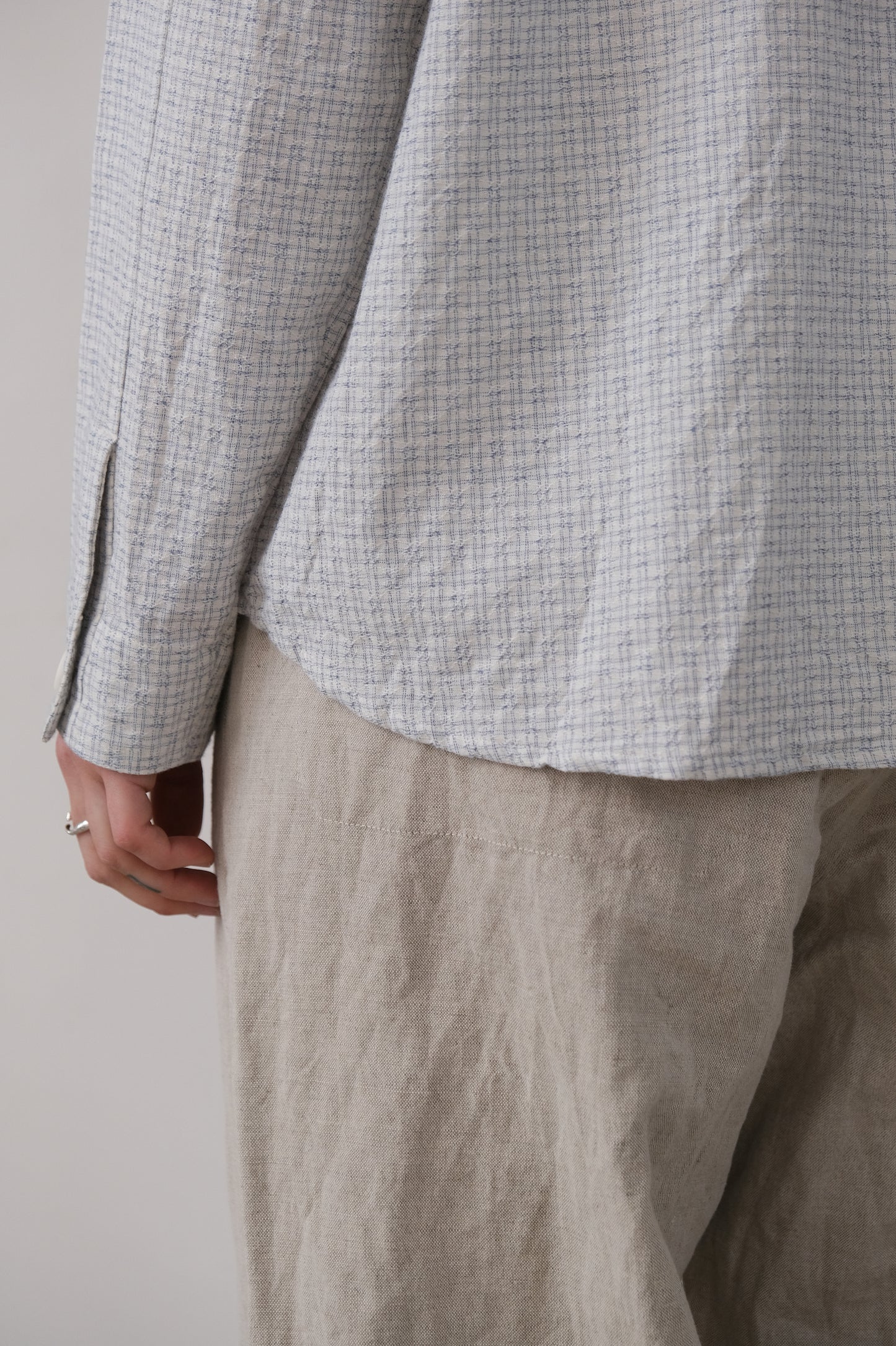 writers shirt, white light blue fine tribal check