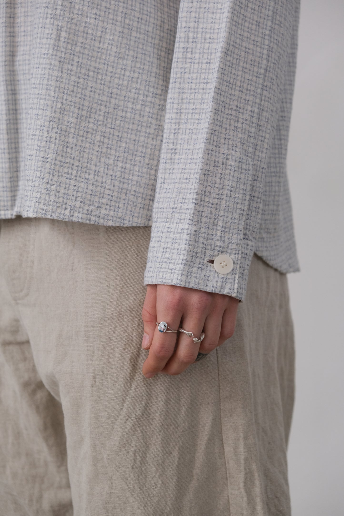 writers shirt, white light blue fine tribal check