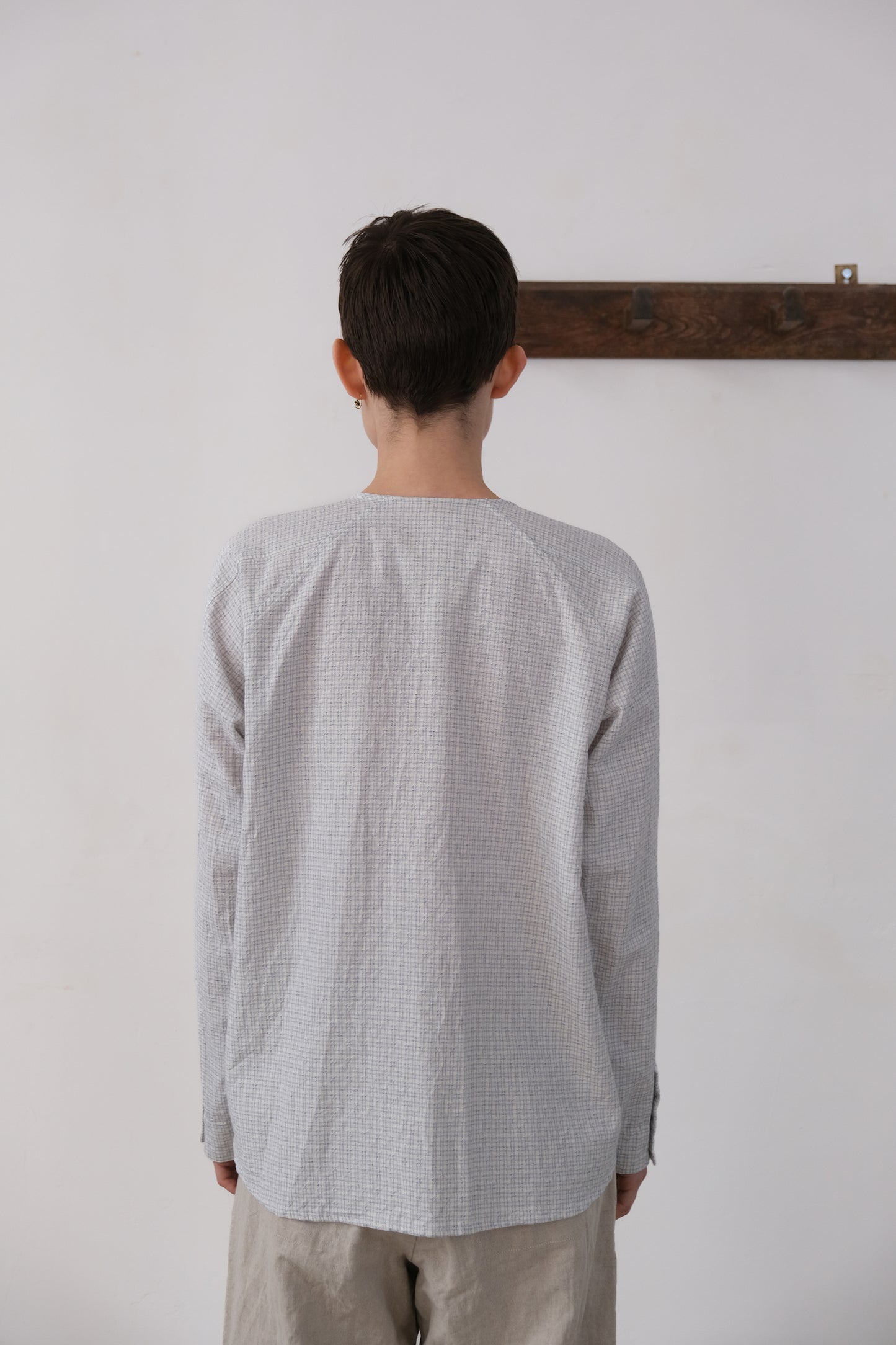 writers shirt, white light blue fine tribal check