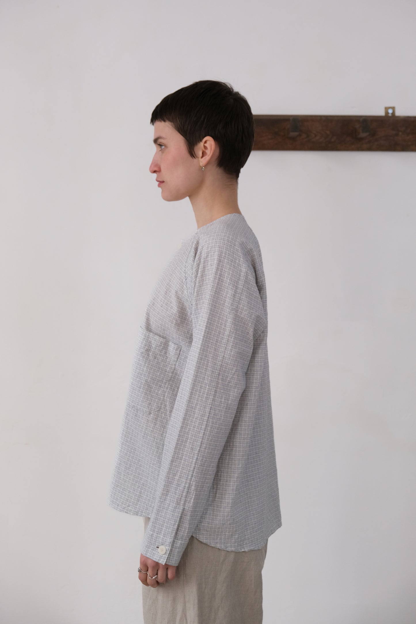 writers shirt, white light blue fine tribal check