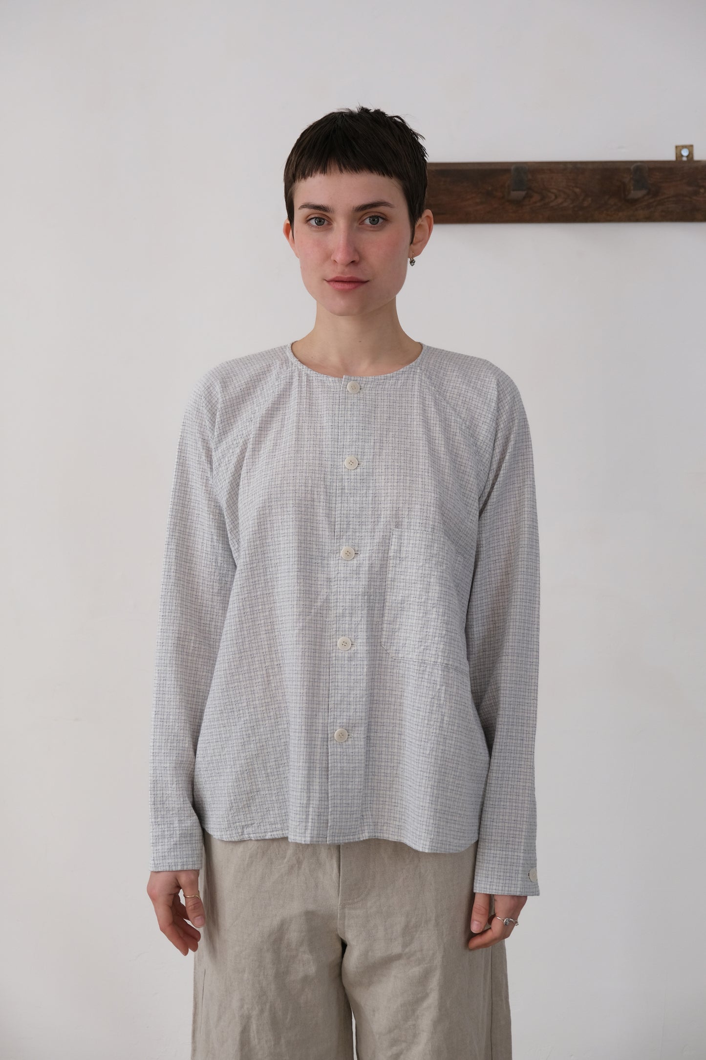 writers shirt, white light blue fine tribal check