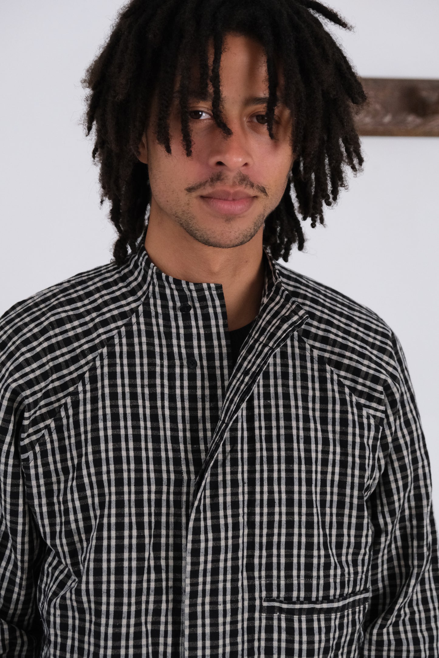 stand collar shirt, black kelsch cloth