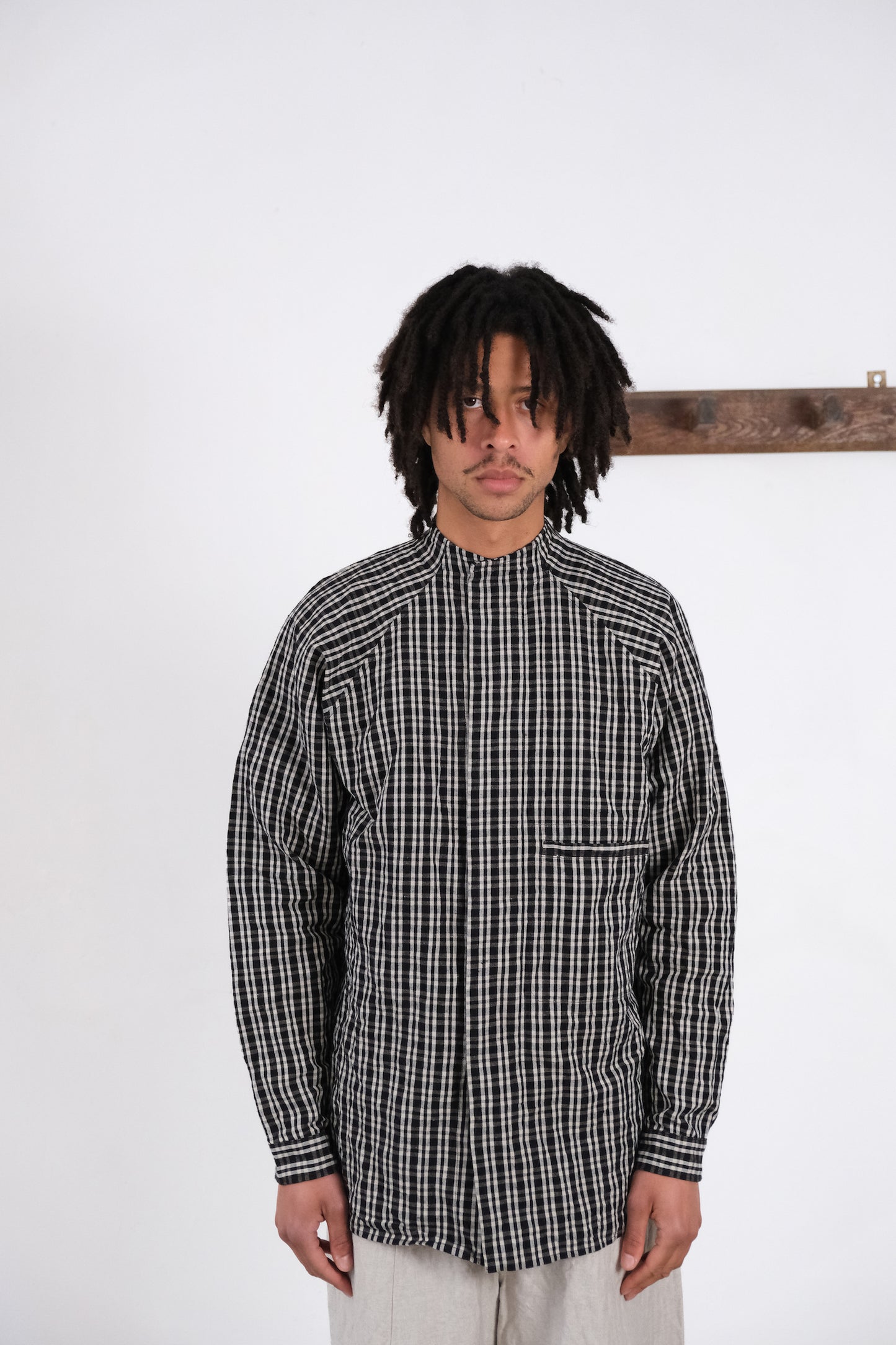 stand collar shirt, black kelsch cloth