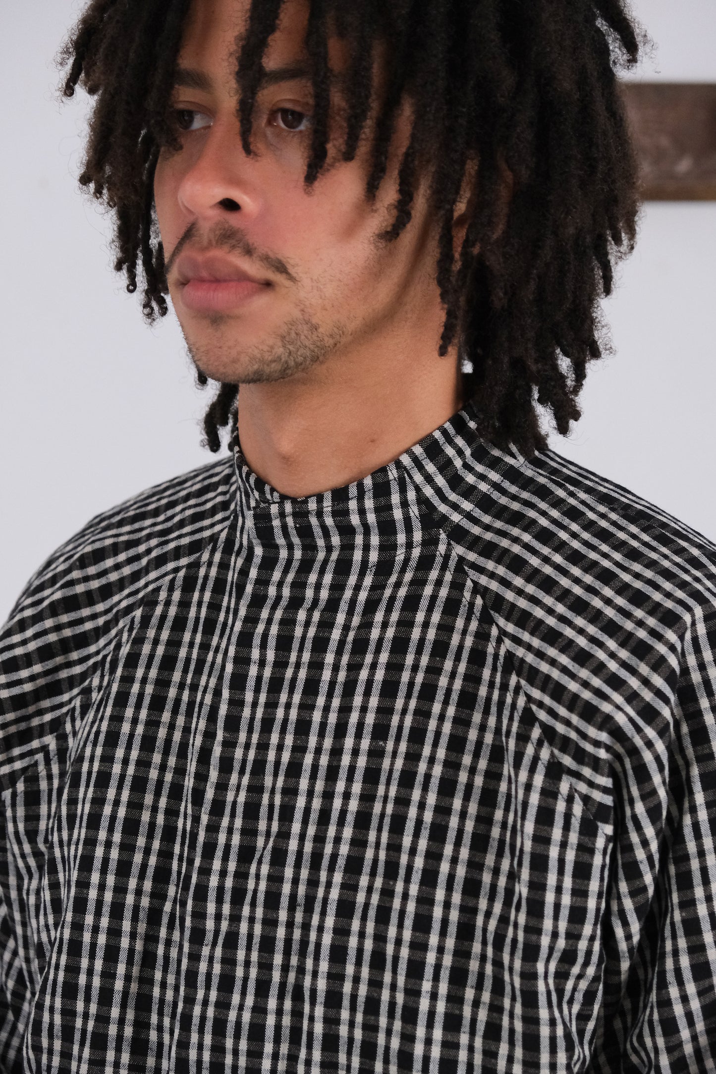 stand collar shirt, black kelsch cloth