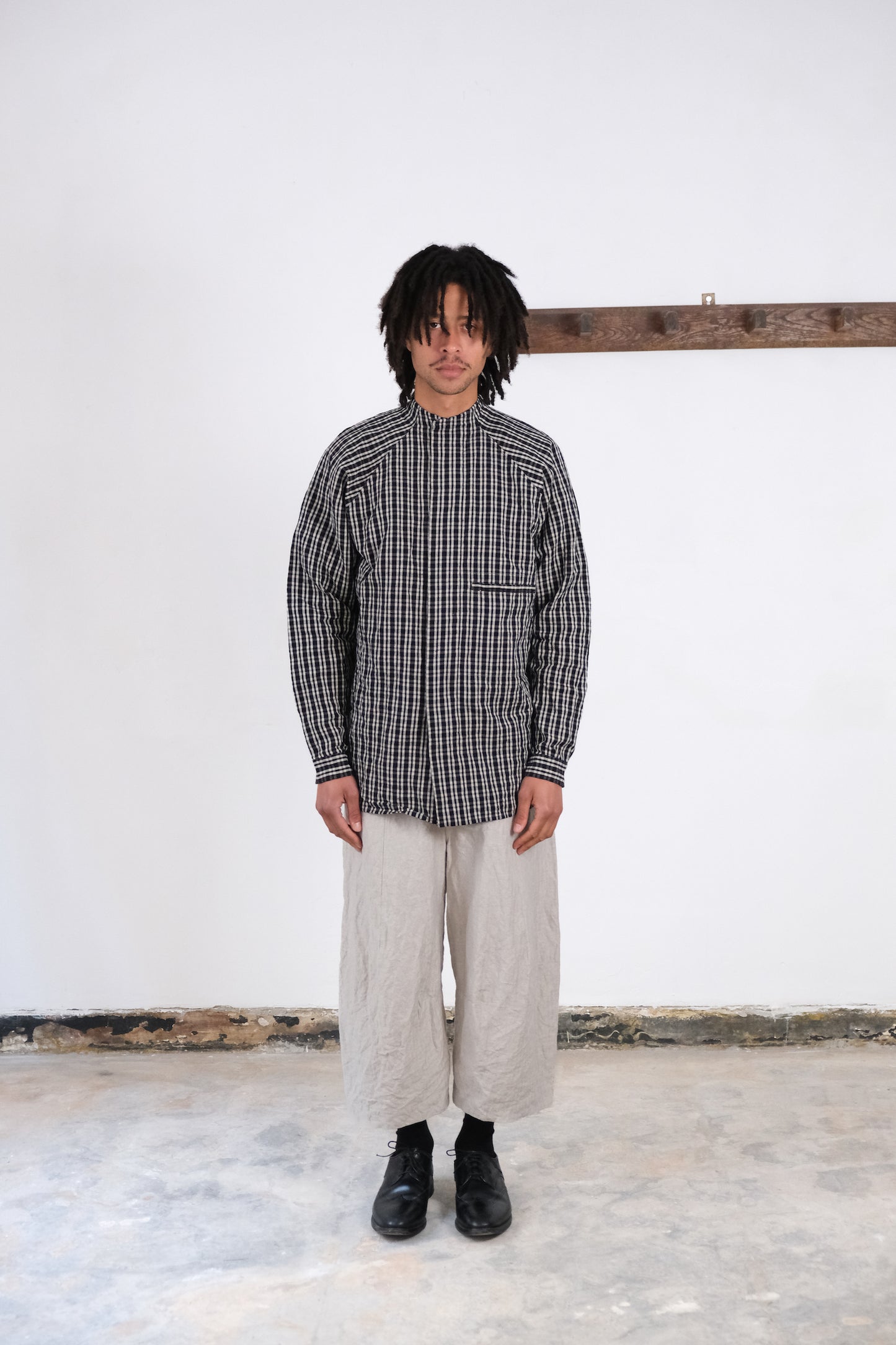 stand collar shirt, black kelsch cloth