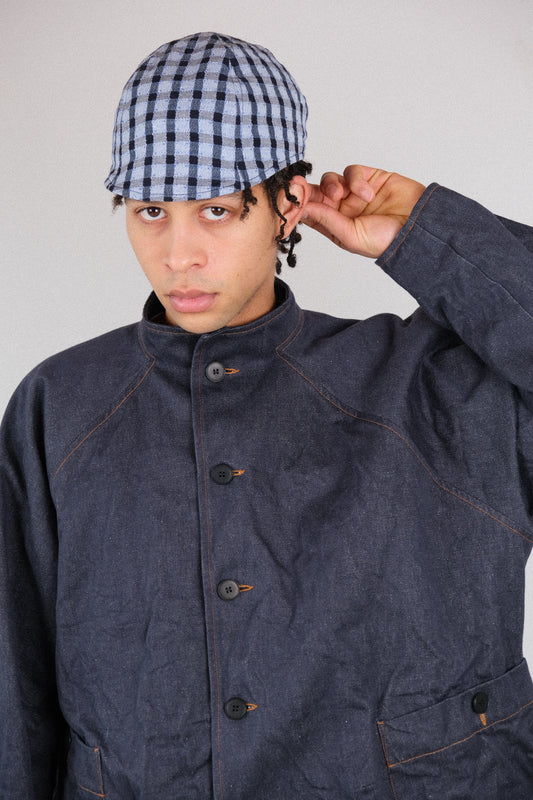 sebs cap, light blue dark navy dobby check