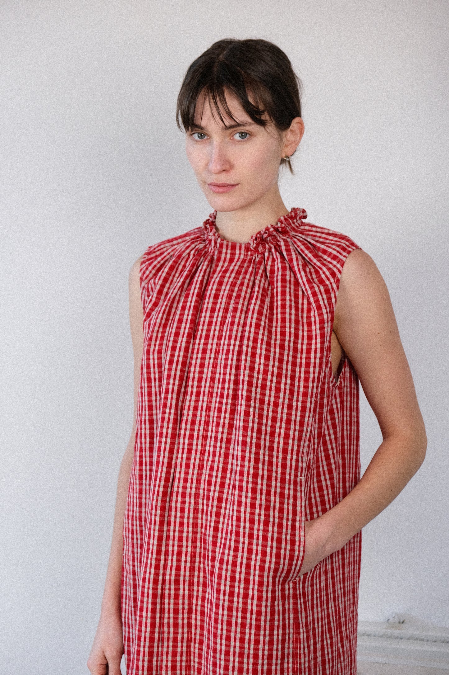 smock neck dress, red kelsch cloth