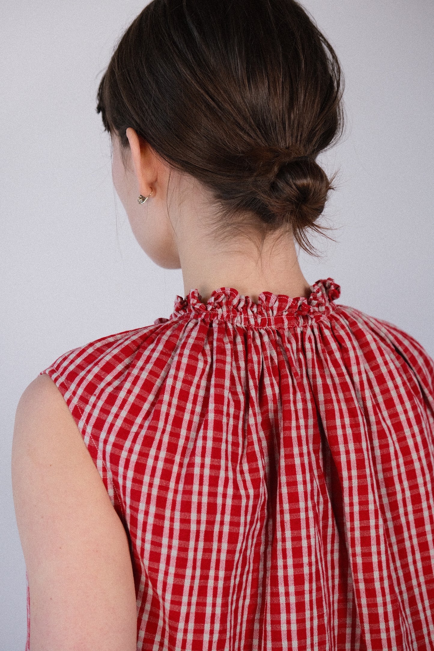 smock neck dress, red kelsch cloth