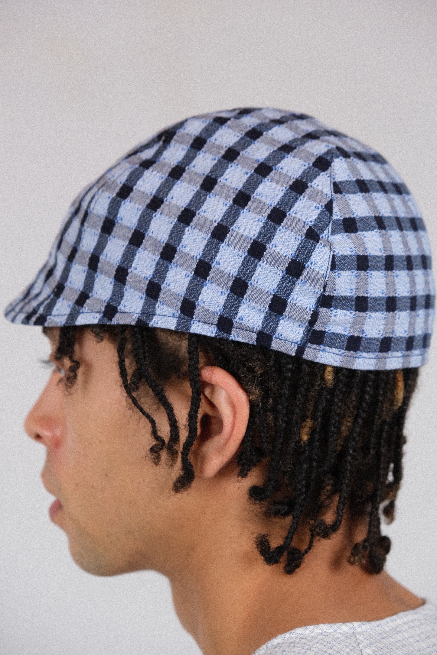 sebs cap, light blue dark navy dobby check