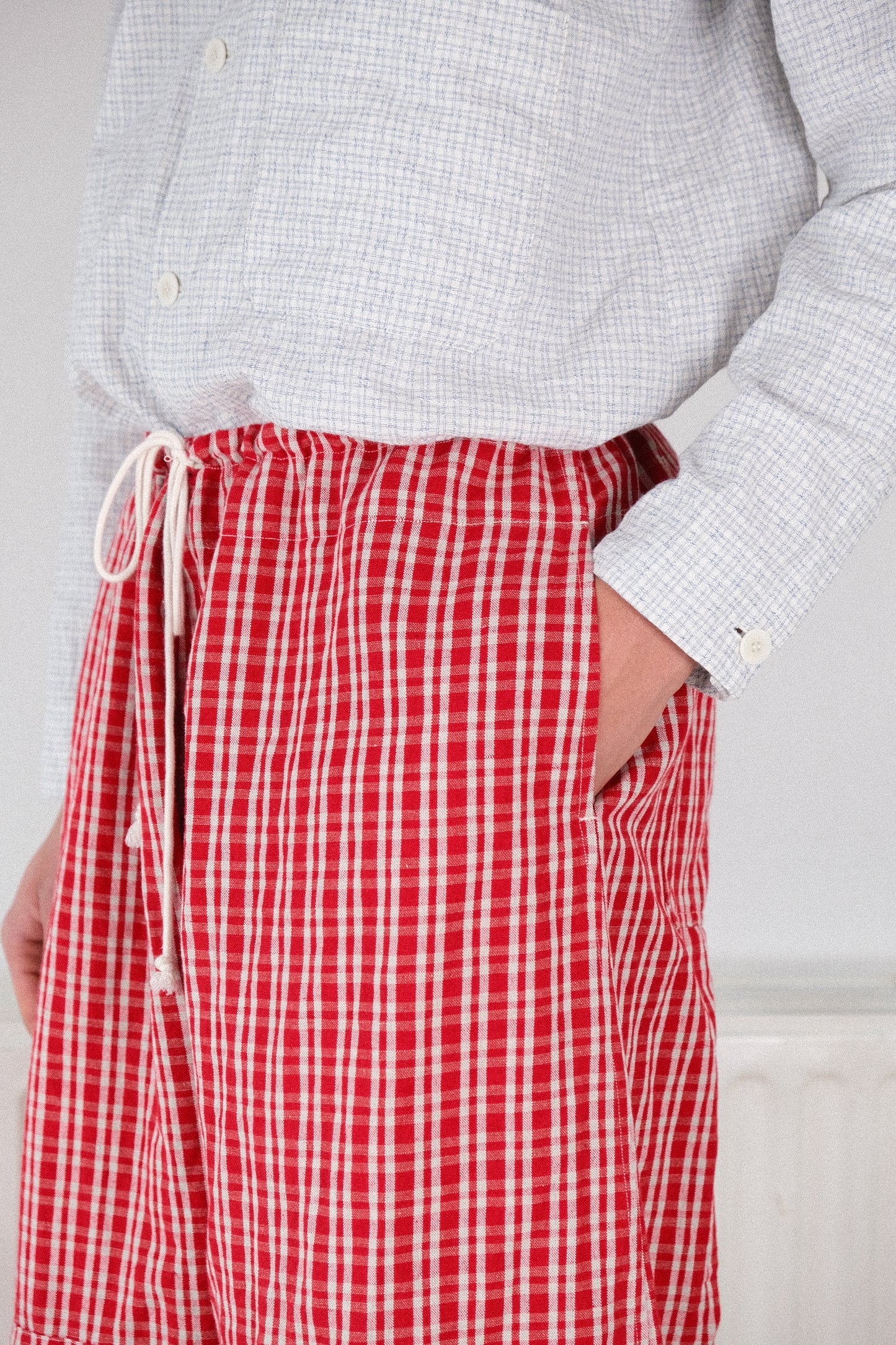 gardening trousers, red kelsch cloth