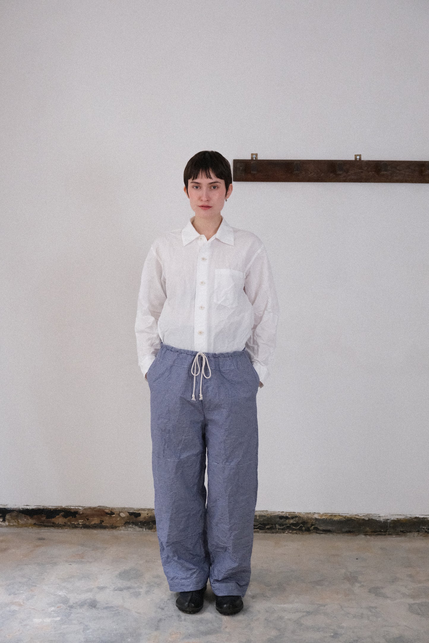 gardening trousers, blue white bakers pepita