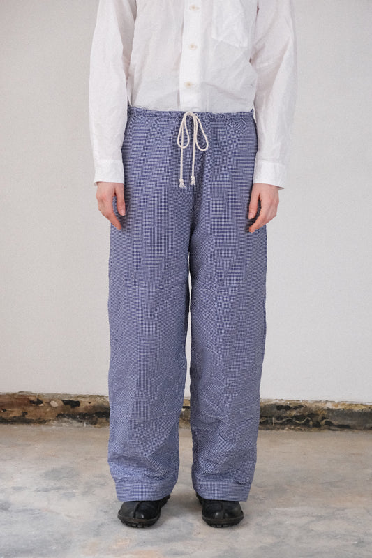gardening trousers, blue white bakers pepita