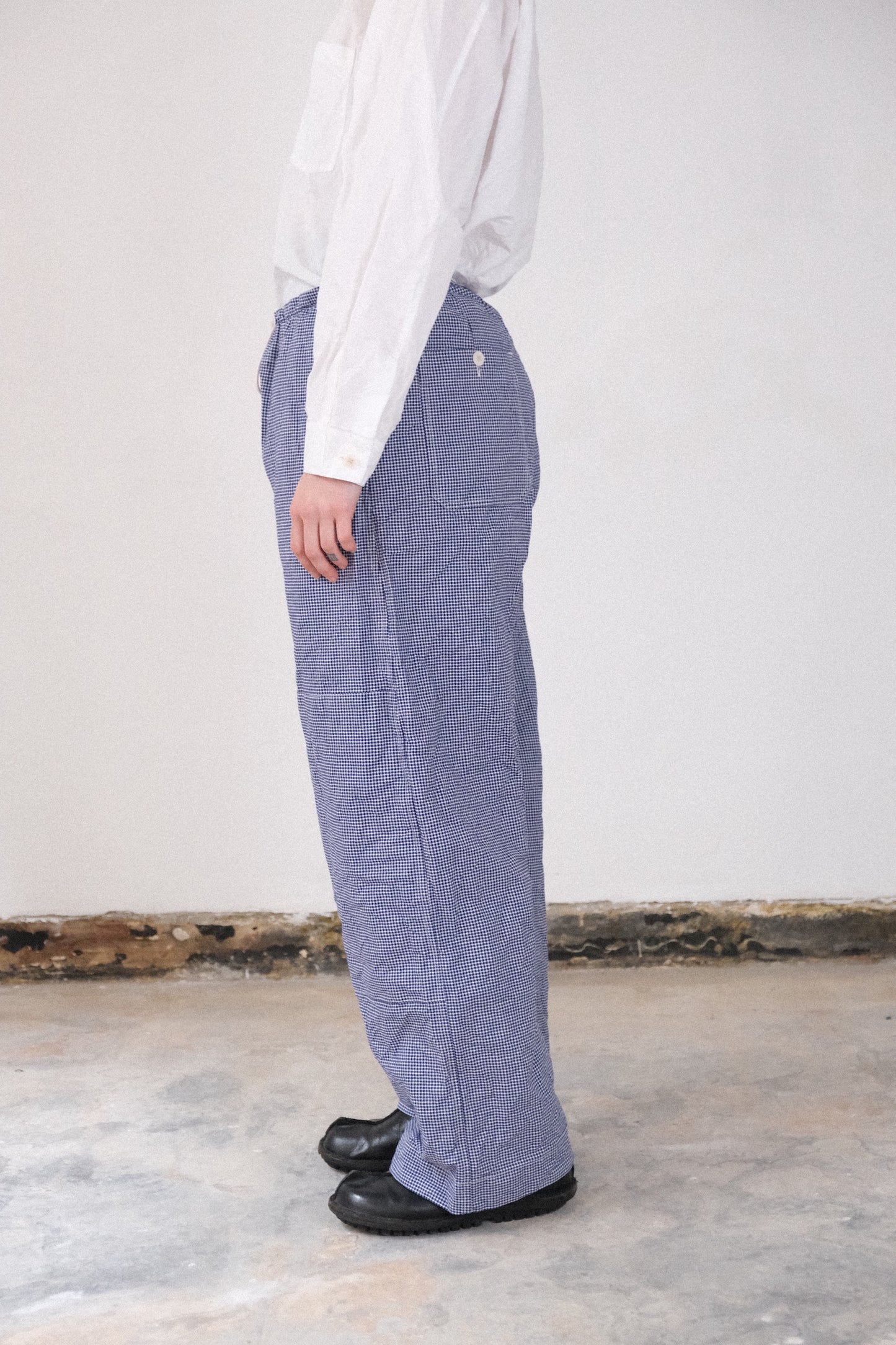 gardening trousers, blue white bakers pepita