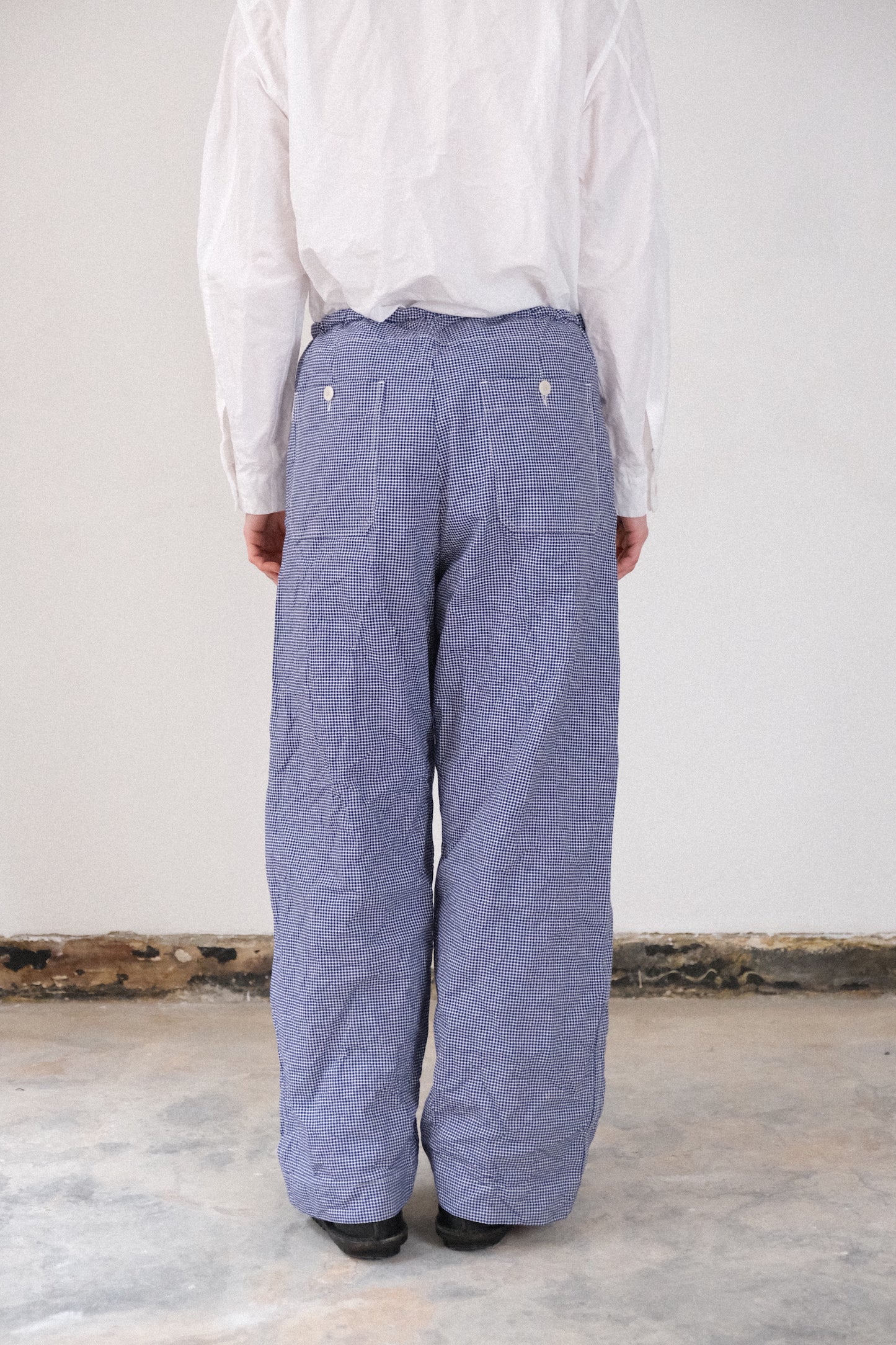 gardening trousers, blue white bakers pepita