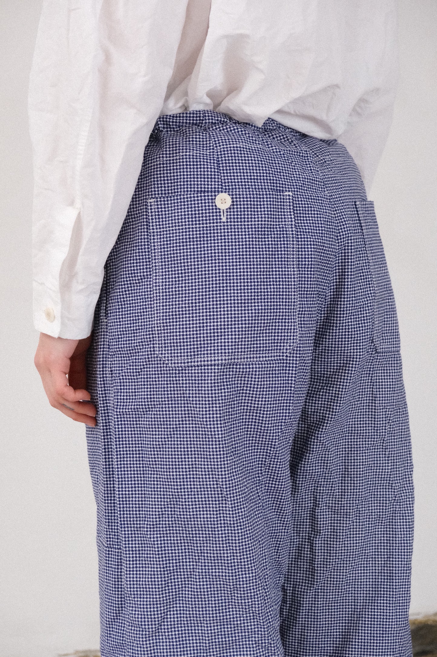 gardening trousers, blue white bakers pepita