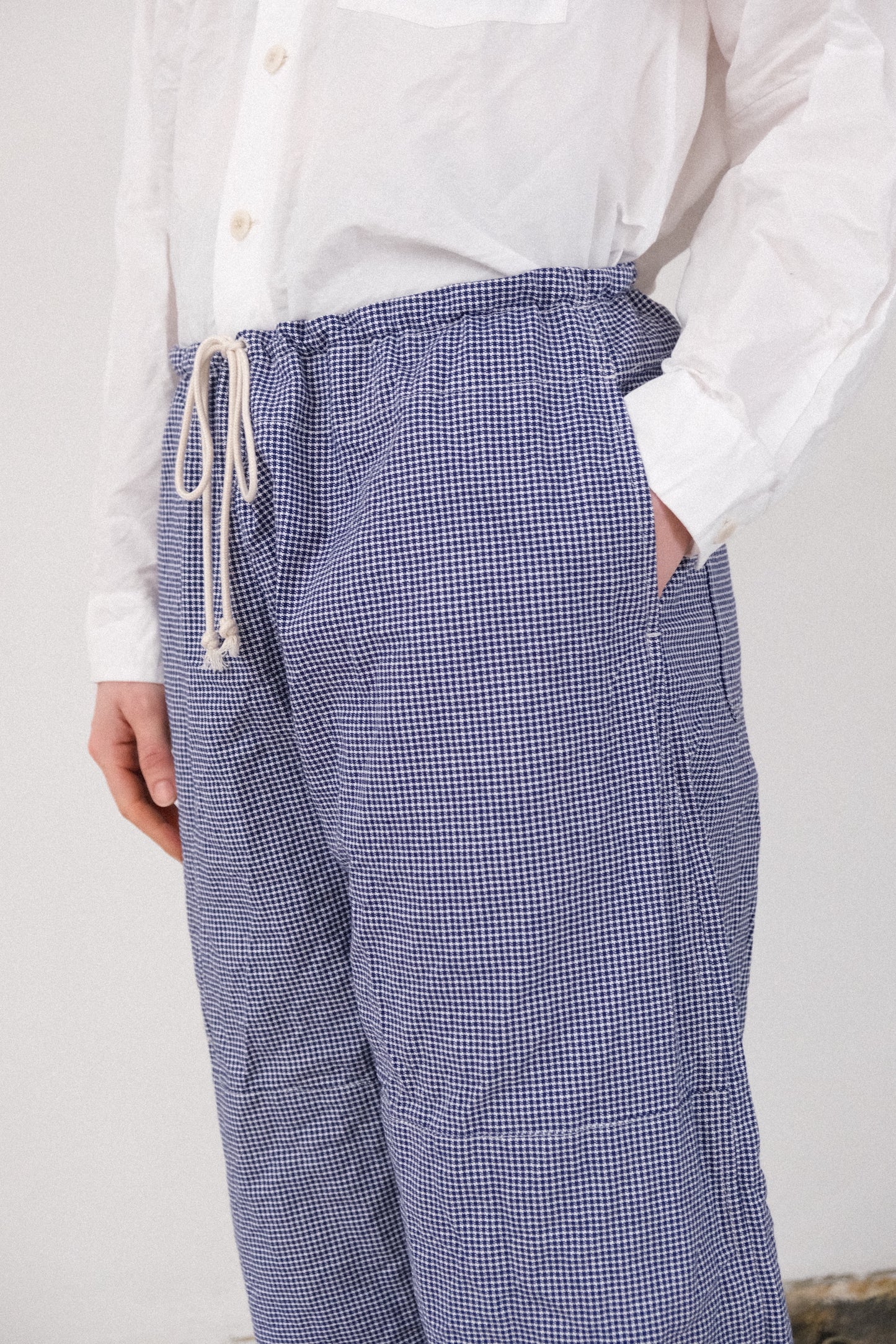 gardening trousers, blue white bakers pepita