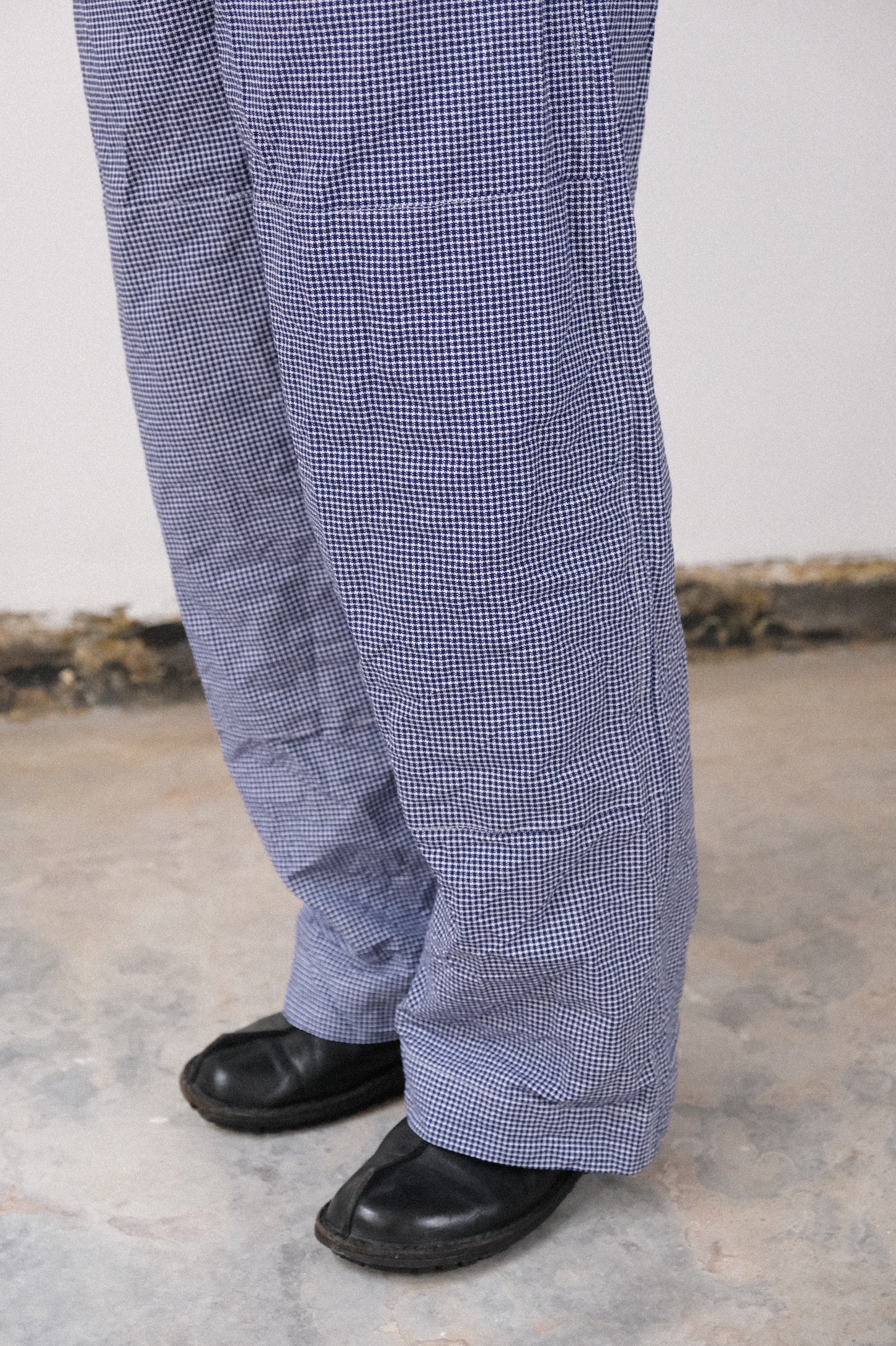 gardening trousers, blue white bakers pepita