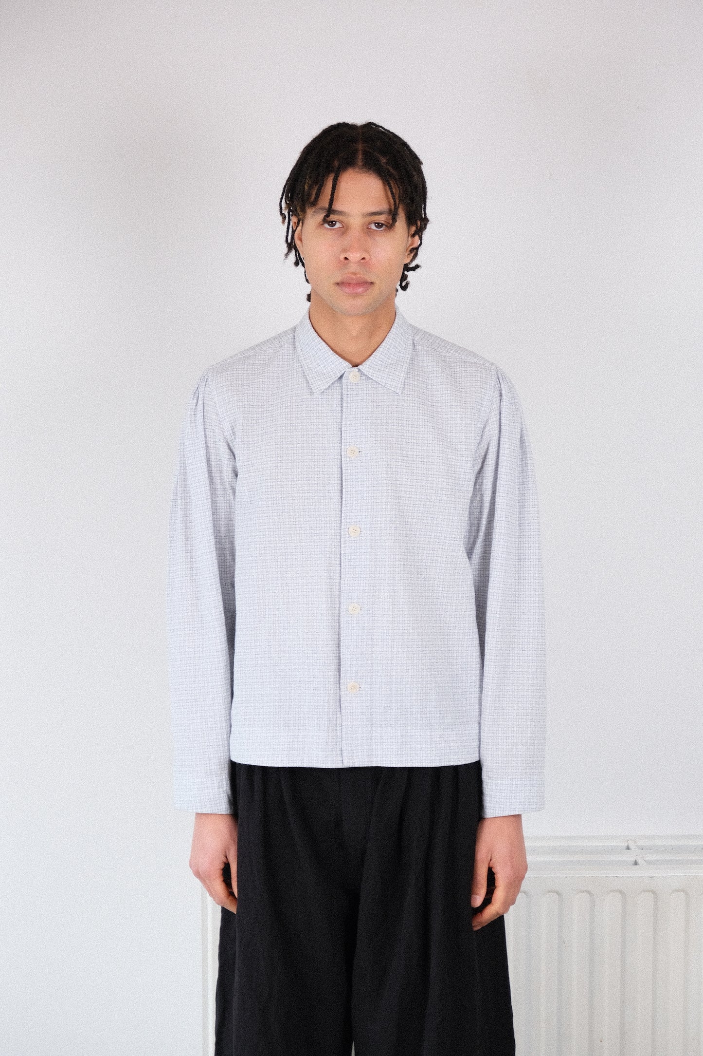 smock ceremony shirt, white light blue fine tribal check