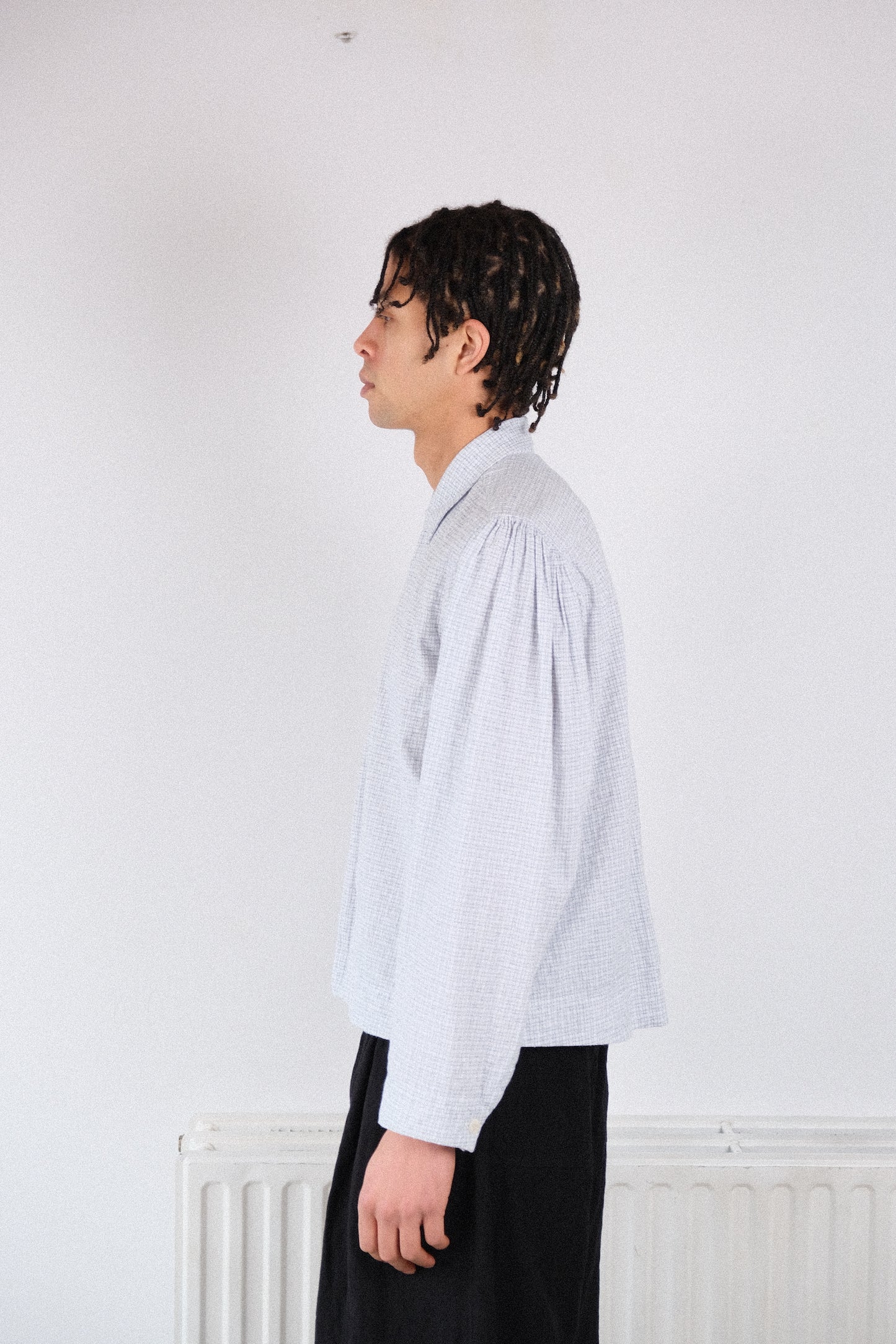 smock ceremony shirt, white light blue fine tribal check