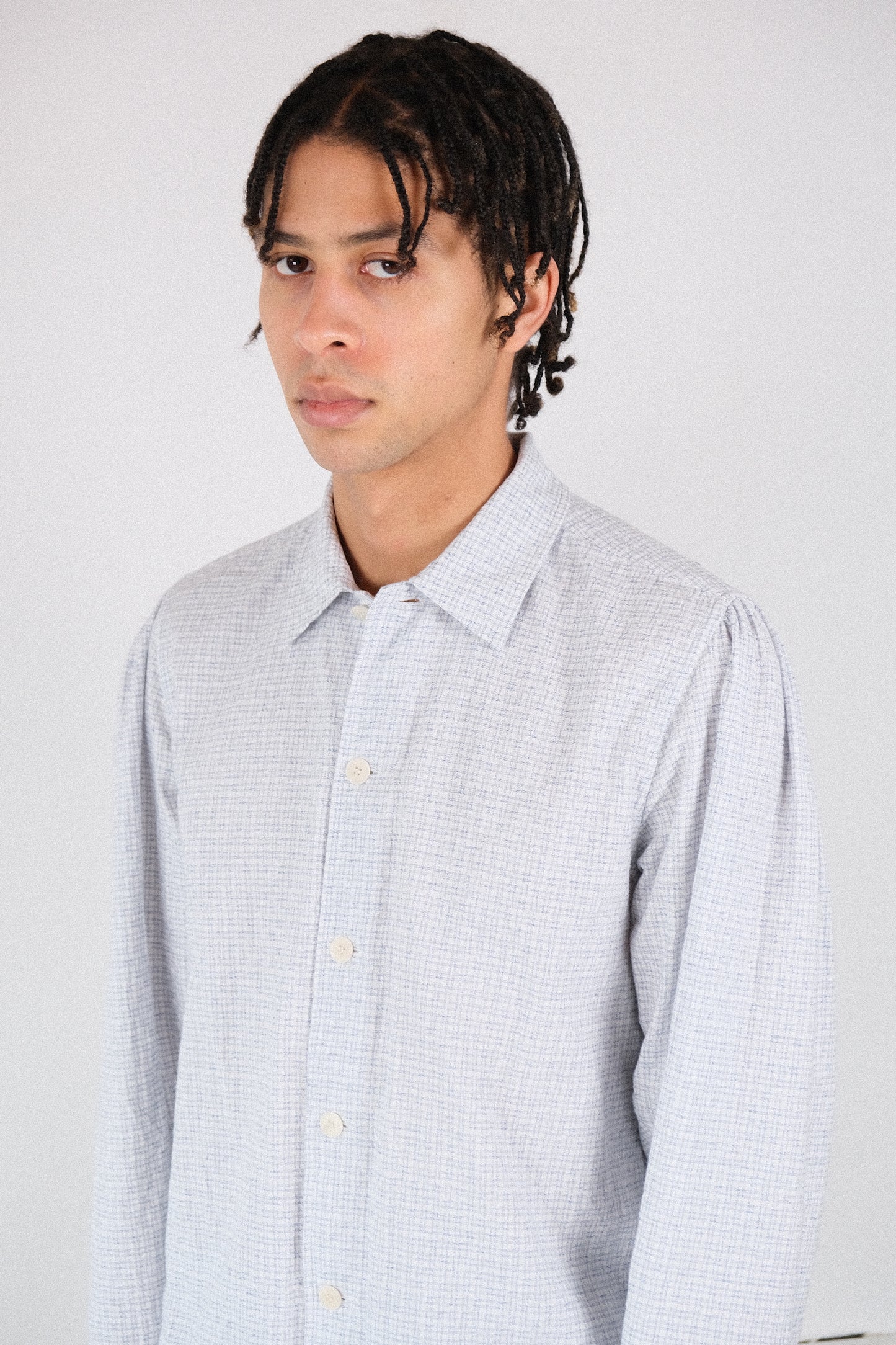 smock ceremony shirt, white light blue fine tribal check