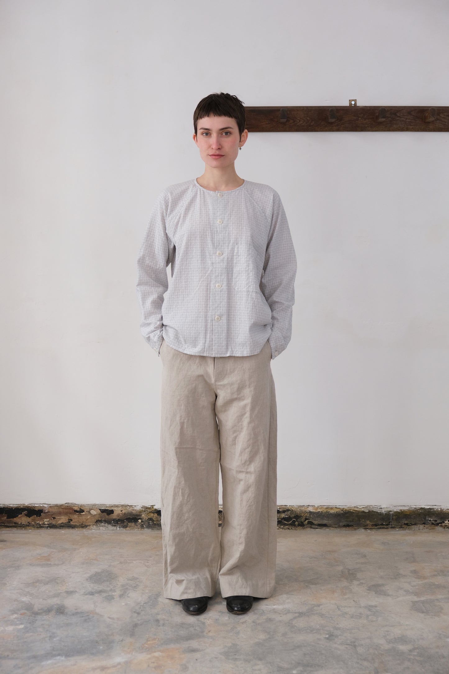 writers shirt, white light blue fine tribal check