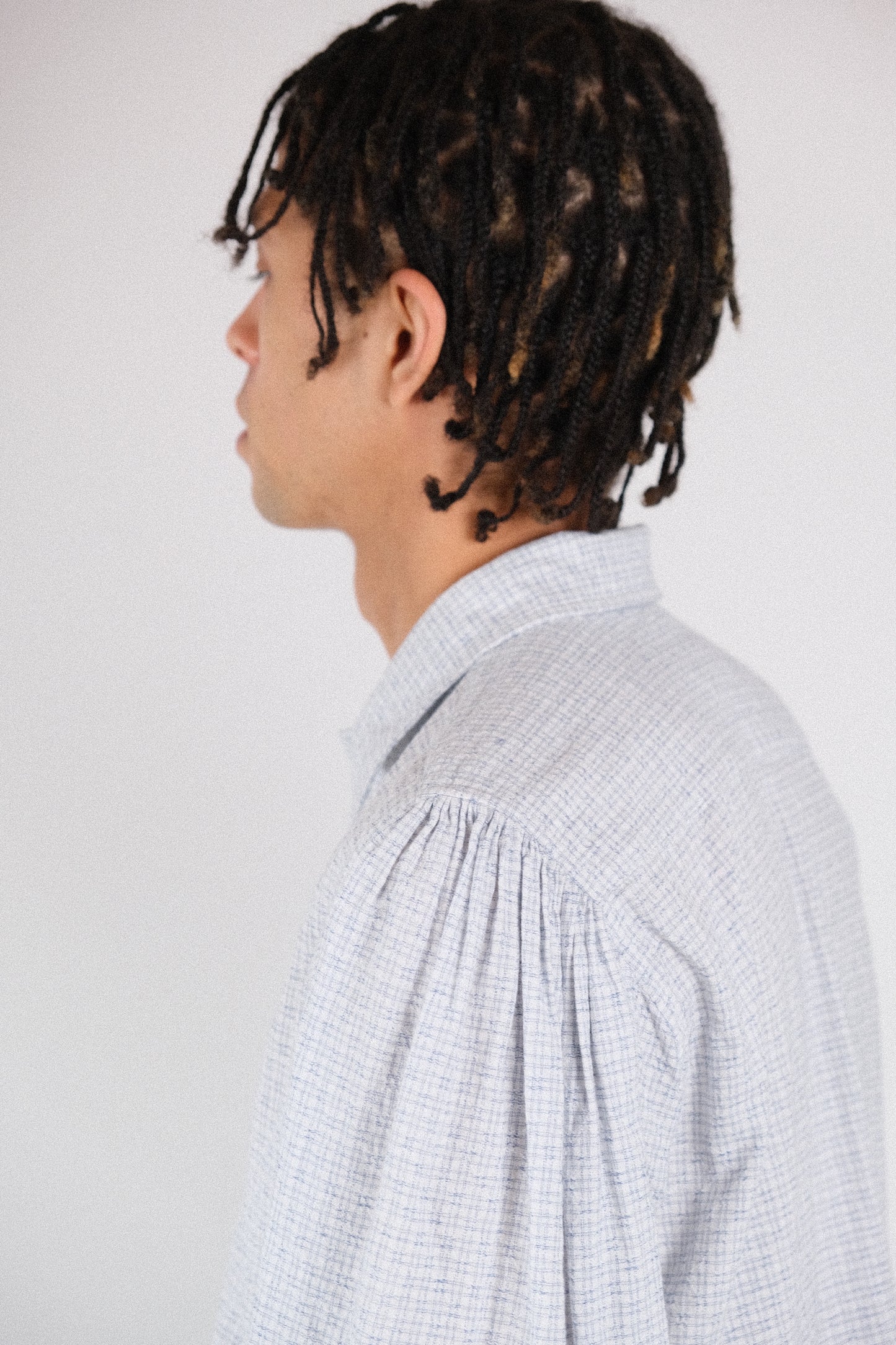 smock ceremony shirt, white light blue fine tribal check
