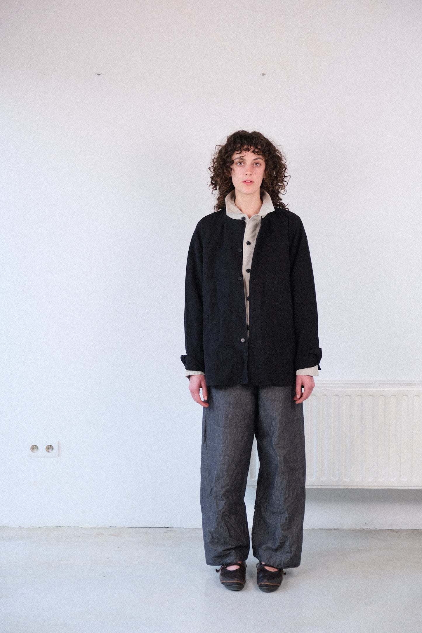 writers shirt, black french suiting cloth