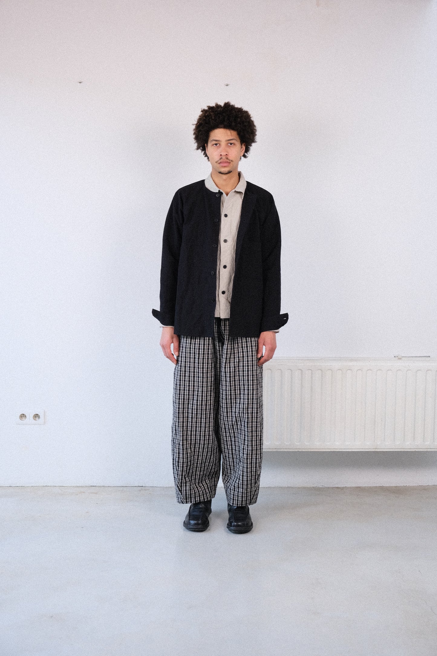 writers shirt, black french suiting cloth